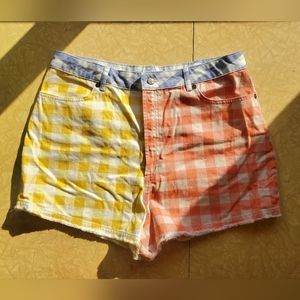 Anthropologie Farm primary tri-color checked high waisted shorts fringed